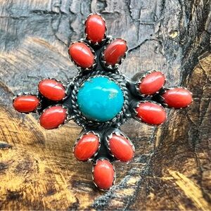 925 Sterling Silver Turquoise Red Coral Cluster Statement Ring Size 8.5